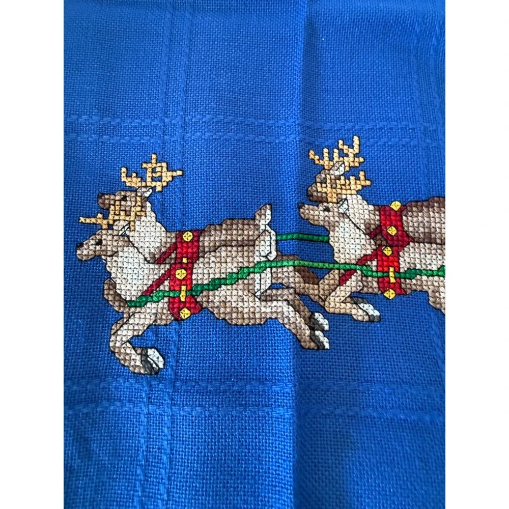 Vintage Christmas Santa Sleigh Reindeer Cross Stitch Blue Fringed Tablecloth